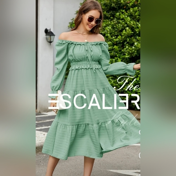 Escalier Dresses & Skirts - Escalier Sage Green Mid Length Peasant Dress